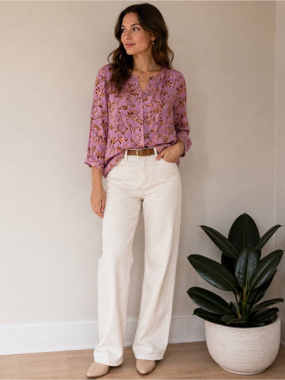 J.Jill Pink Brown Floral Pintuck Earthy Blouse 3/4 Sleeve Boho Top NWT S